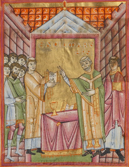 Bishop Engilmar Celebrating Mass, ca. 1035   (Benedictional Regensburg)  J. Paul Getty Museum, CA, 
Ms. Ludwig VII 1 (83.MI.90), fol. 16